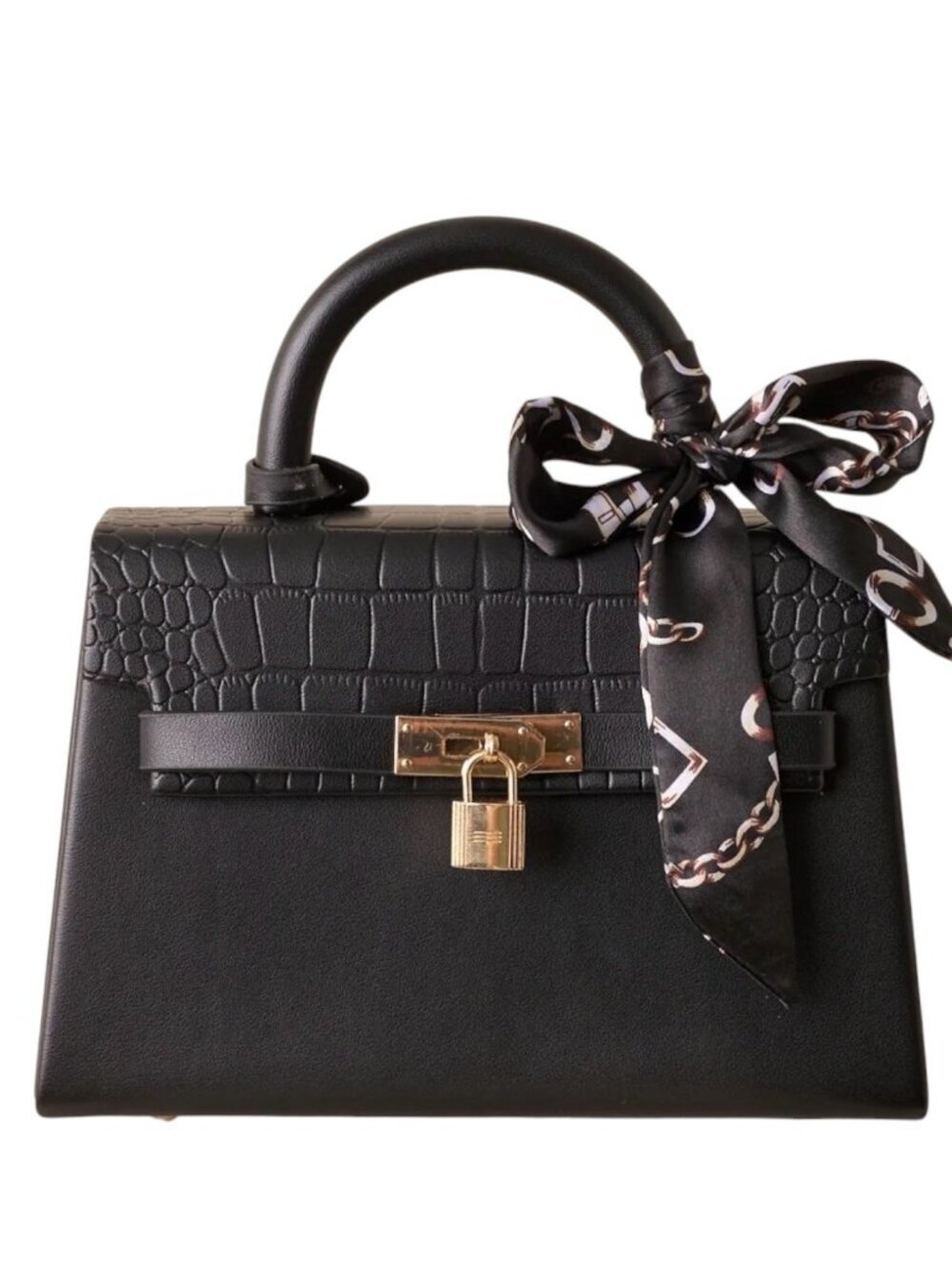 Black Faux Leather Structured Handbag Crossbody Scarf Magnetic Closure NWT